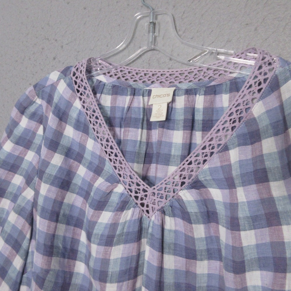 Chicos Top 2 or Large Purple Gingham‎ Plaid Linen Crochet Trim Coastal Beachy